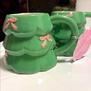 Set of Handpainted Christmas Tree Mugs with Pink Bows